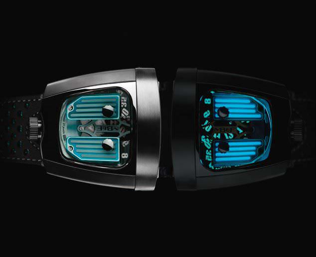 The glowing aGt Ultra movement or “engine” covers can be admired through a sapphire-crystal cover on top of the hmX Black Badger. Titanium and stainless steel with AGT Ultra.